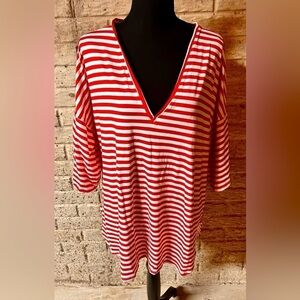 Yana K Red White Striped Top SZ L V Neck Soft patriotic French Sailor Waldo Cool